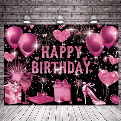 Pink Gold Happy Birthday Background Cloth, Black Rose Gold Birthday Banner Rose Gold Happy Birthday Logo Decoration