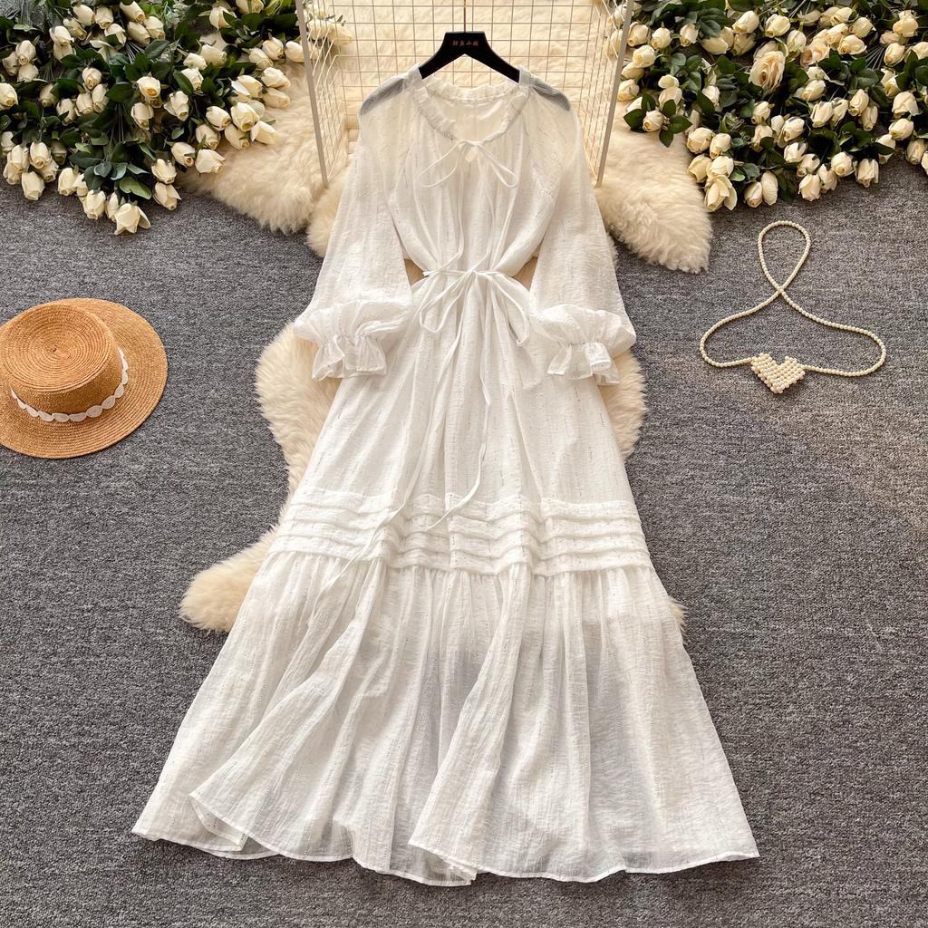 French Sweet Wind Lantern Sleeve Dress Women's Spring Strap Waist Thin A Character Temperament Long Dress Pink
