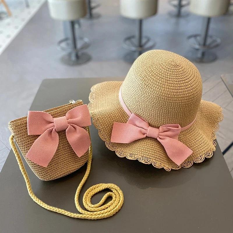 Kinderhut für Mädchen 2-7 Jahre Stroh Kinder Sonnenschutzkappe Tasche Sommer Baby Reise Sonnenschutz Strandhut Sonnen Fischerhut Modischer Stil
