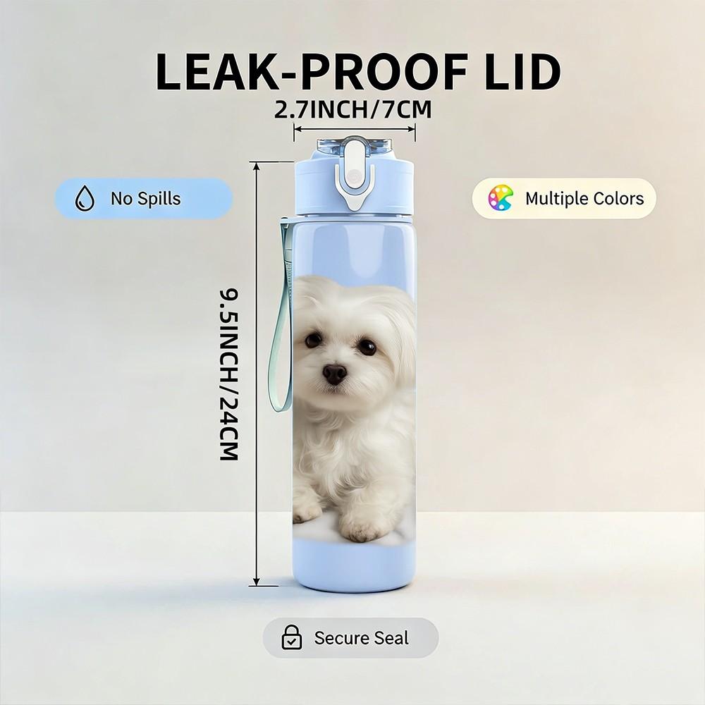 1PC Gentle White Bichon Puppy 750ml Color Plastic Sports Water Bottle Leakproof Flip Straw Lid Suitable for Sports Office Home Use