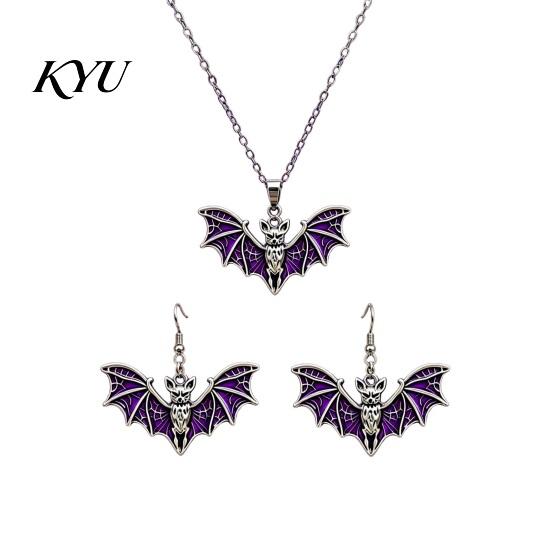 Fashionable Halloween Jewelry Sets Gothic Bat Accessory, Vintage Punk Necklace, Viking Metal Vampire Theme Style Dangle Drop Earrings for Cosplay