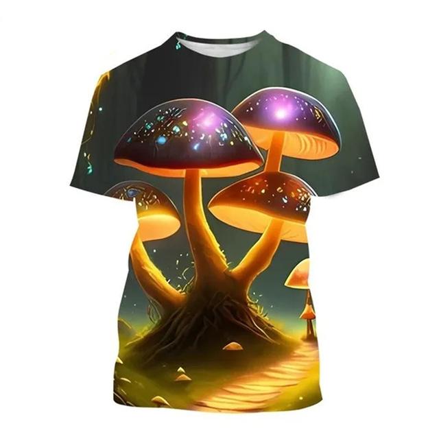 Neutrales T-Shirt mit 3D-Pilzdruck, Pflanzenmuster, Rundhalsausschnitt, kurzärmlig, Waldmode, lässiges Oberteil, hochwertige Kleidung, 6XL