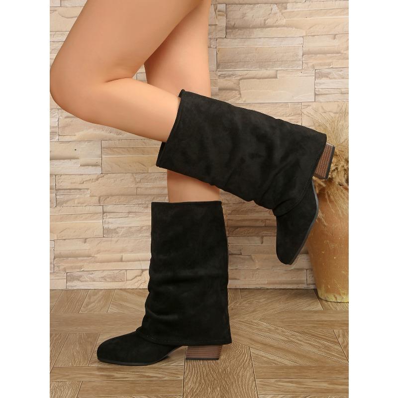 2025 New Trouser Boots Women's Winter Plus Size Coarse Heel Sleeve Pleated Stacked Boots