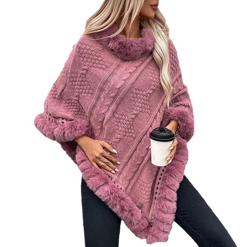 Casual Poncho for Women Solid Color Shawl Wrap Cape with Faux Fur Trim Winter Sleeveless Cloak Coat Womens Warm Pullover Luxury Knitted Sweater Poncho