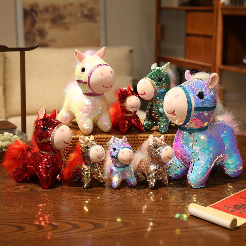Non-Toxic Sequins Pony Stuffed Animal Toy Reversible Rainbow Sequins Horse Plush Pillow Soft Plush Toy For Children'S Day Birthday