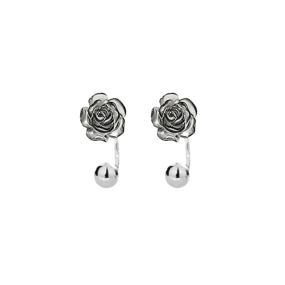 PONYKISS Silver Colorful Rose Cute Plant Stud Earring for Women Minimalist Fine Piercing Screw Bead Accessories