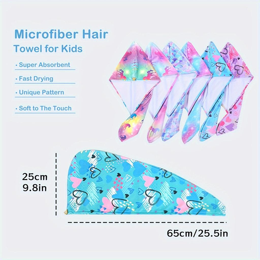 1pc Children's Printed Microfiber Dry Towel, Quick Drying Soft Towel with Button Tie, Wet Hair Wrap Salon Towel Set for Girls