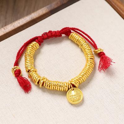 Ancient Sand Gold Hammer Pattern Coiling Bracelet Yellow God of Wealth Five Emperors Money Red Rope Woven Bracelet Men's and Women's Retro Hand Rope