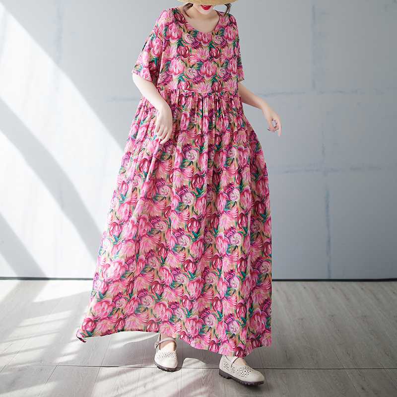 Women's Simple and Fashionable Long Skirt Summer Short Sleeved Round Neck Printed Dress