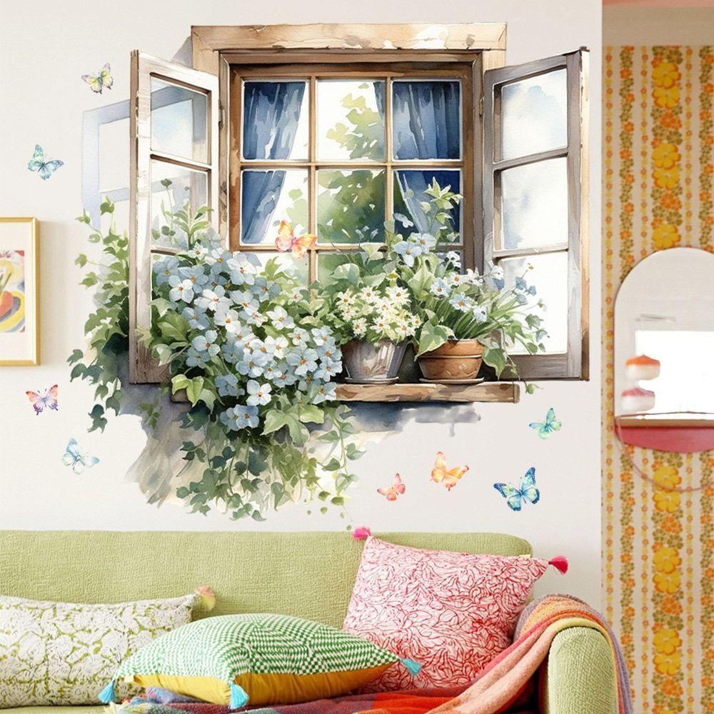 Multicolor Wall Sticker PVC Background Ornament Window View Flowal Stickers Watercolor Self-Adhesive Wallpaper Kids Room