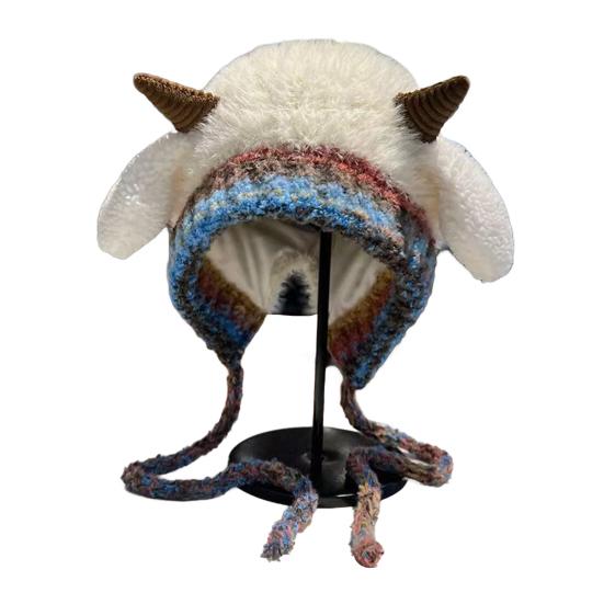 Knitting Hat Windproof Warm Solid Color Elastic Thermal Lamb Ear Design Winter Hat Cold Weather Headwear