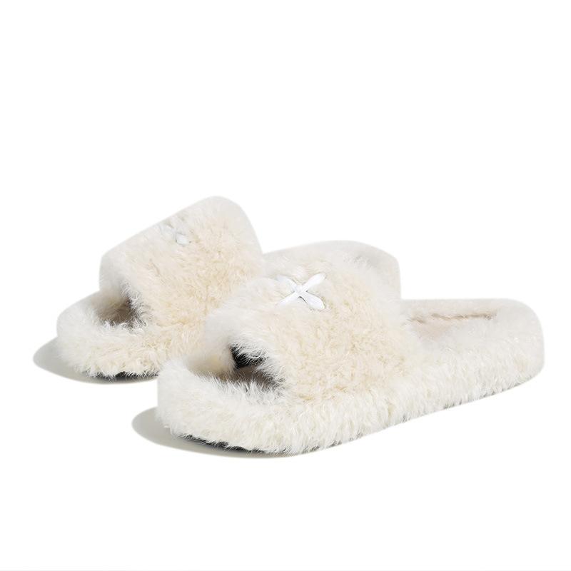 Spot Velvet Thick Bottom Flat Bottom One Word Large Size Fairy Fluffy Slippers Outer Wear Female Spring and Autumn 2025 New Models