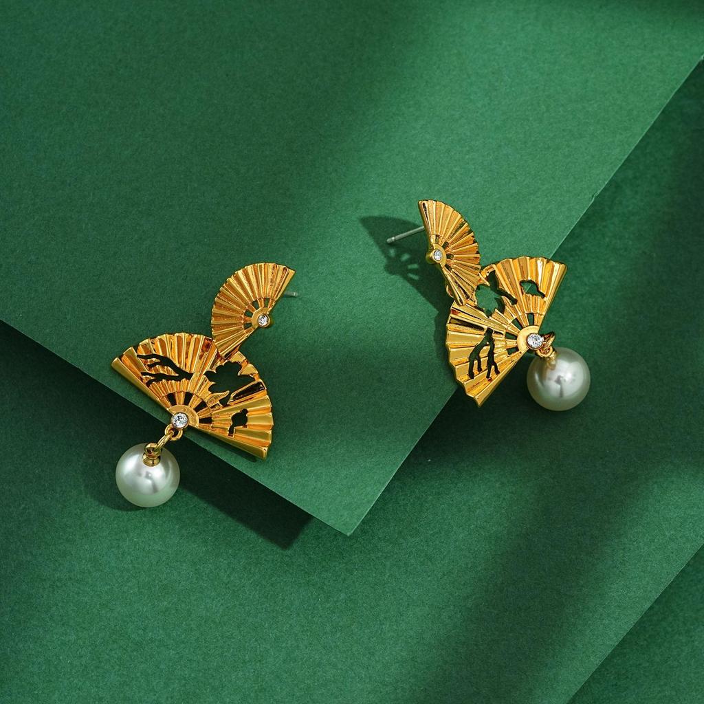 Chinese Double Layer Gold Fan Tassel Pearl Earrings with Silver Studs