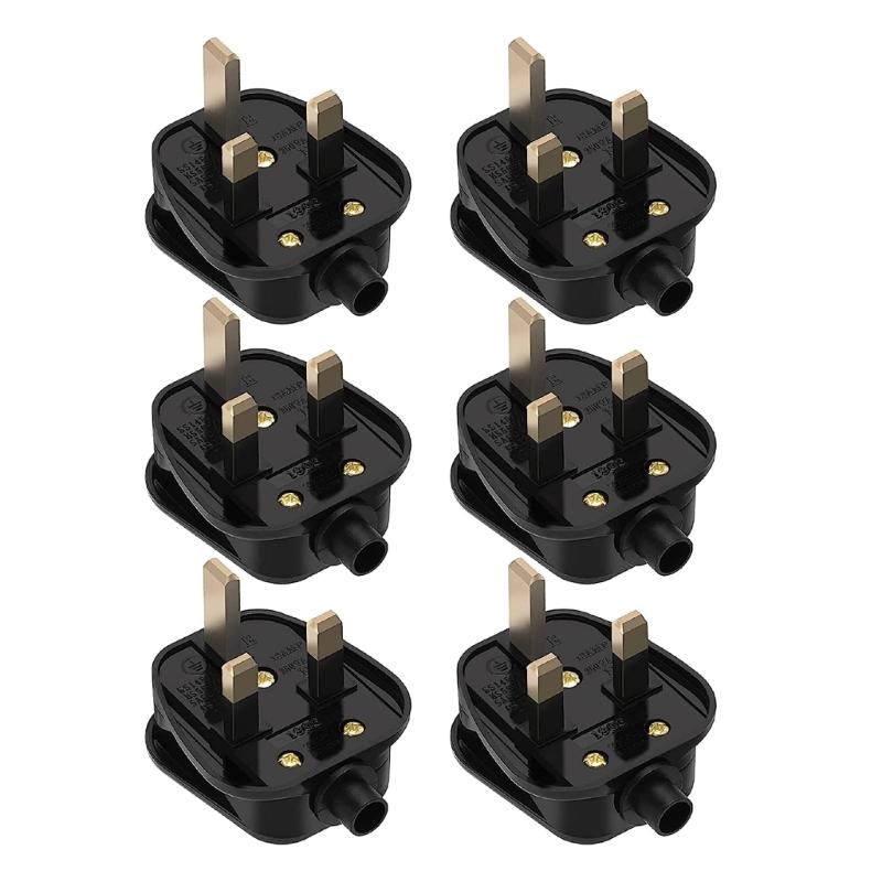 

3 pin Mains Plug with Cord Grip 6pcs UK Plugs with 13AMP Fused Rewireable Heavy Duty Electrical Plug Black Plug for Home 1