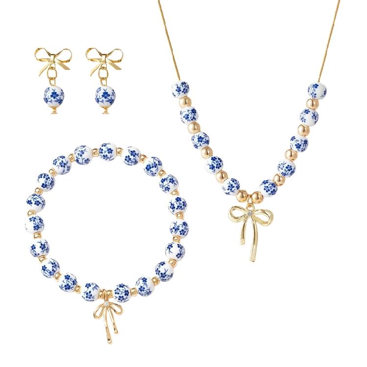 

Fashionable Ceramic Bowknot Beaded Jewelry Set With Traditional Blue White Pattern For Women Accessory синій