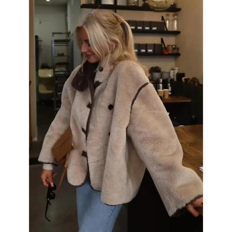 Winter Warm Fleece Jacket Women Casual Loose Coat High Collar Button Zipper Outerwear Fashion Thick Coat