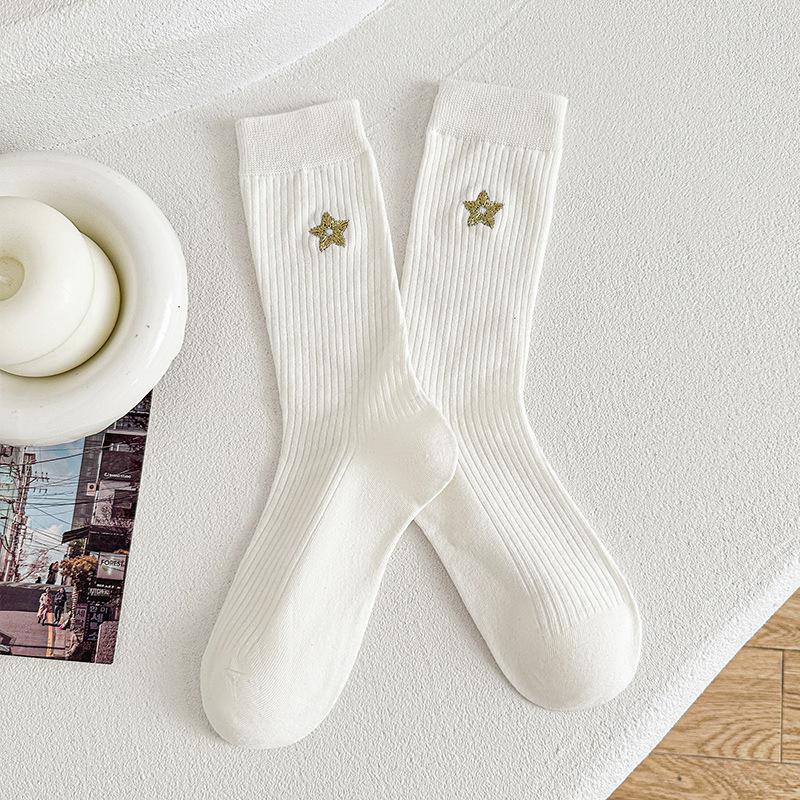 Dui Dui Socks Women's Spring Five-pointed Star Embroidered Mid-calf Socks Pull A Long Calf Sock