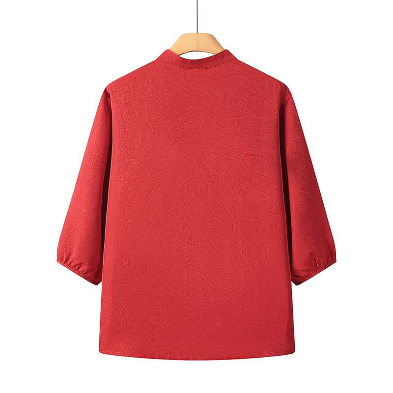 Plus-Size Chinese Style Seven-Sleeve Cardigan Shirt for Middle-Aged and Elderly Women