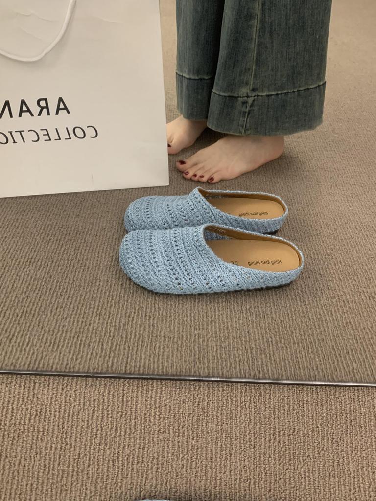 French Niche Hand-woven Hollow Breathable Bag Head Half Slippers Women's Summer Wear Roman Style Thick-soled Muller Shoes
