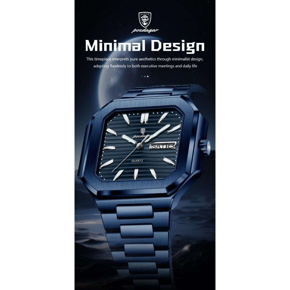 POEDAGAR Luxury Watch Waterproof Luminous Date Week Quartz Men's Watches Stainless Steel Fashion Square Men Watch