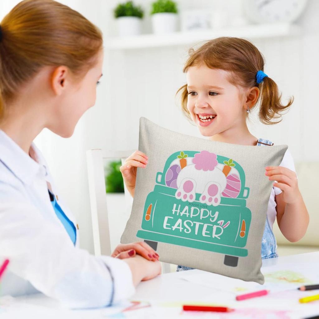 Easter Pillow Covers 18x18 Inch Set of 4PCS Easter Decorations Bunny Truck Hello Peeps Hip Hop Spring Farmhouse Throw Pillows Cover for Home Decor