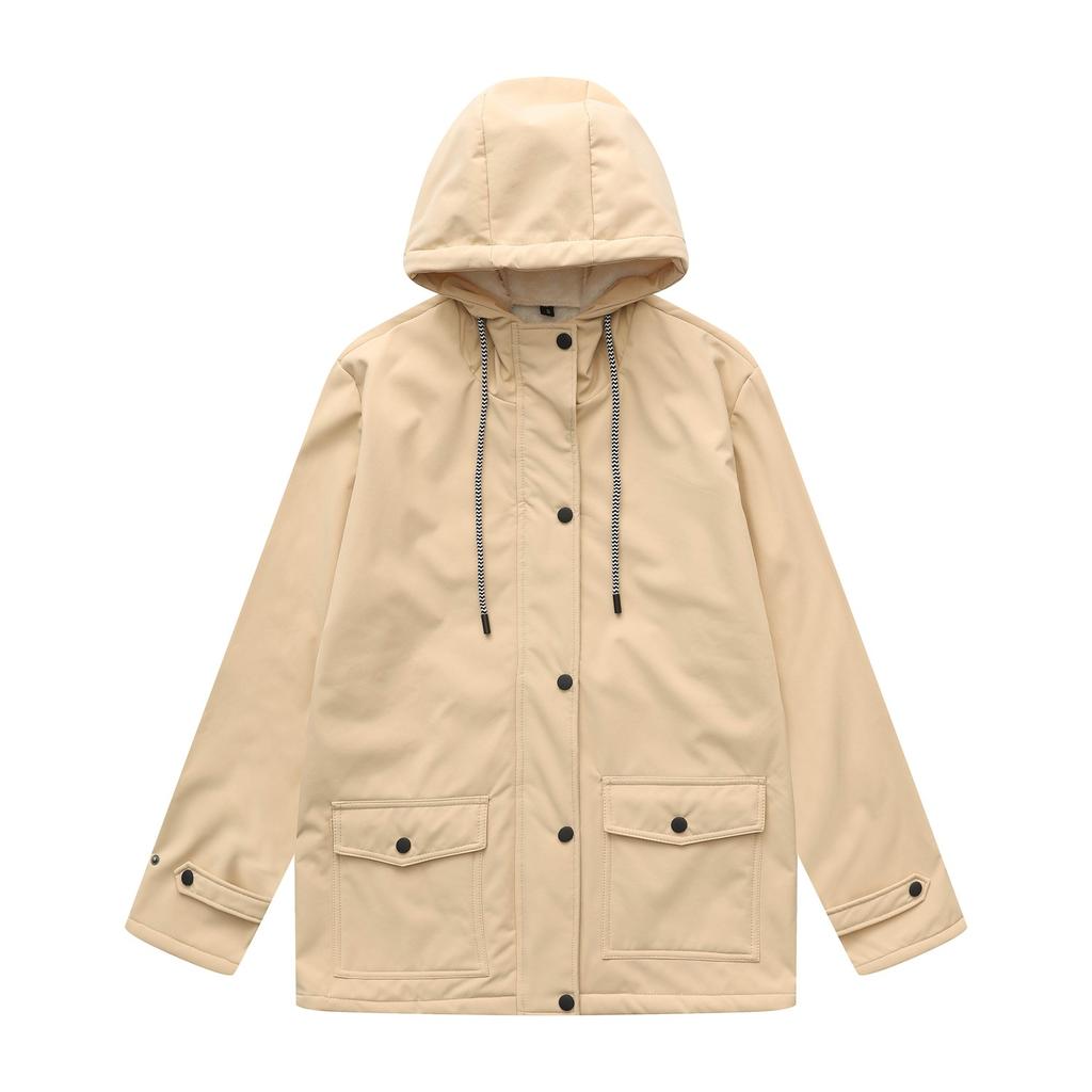 Women's Spring and Autumn Hooded Windbreaker Composite Plush Waterproof Jacket Long Sleeve Plush Jacket