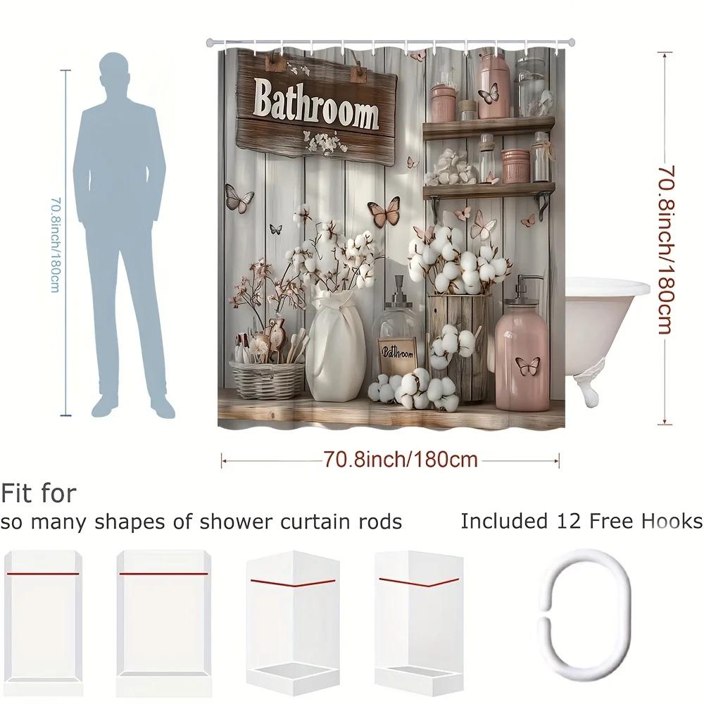 Floral Shower Curtain with Rustic Wooden Panels - Butterfly & Farmhouse Vintage Design, Includes Hooks, for All Bathrooms & Rods