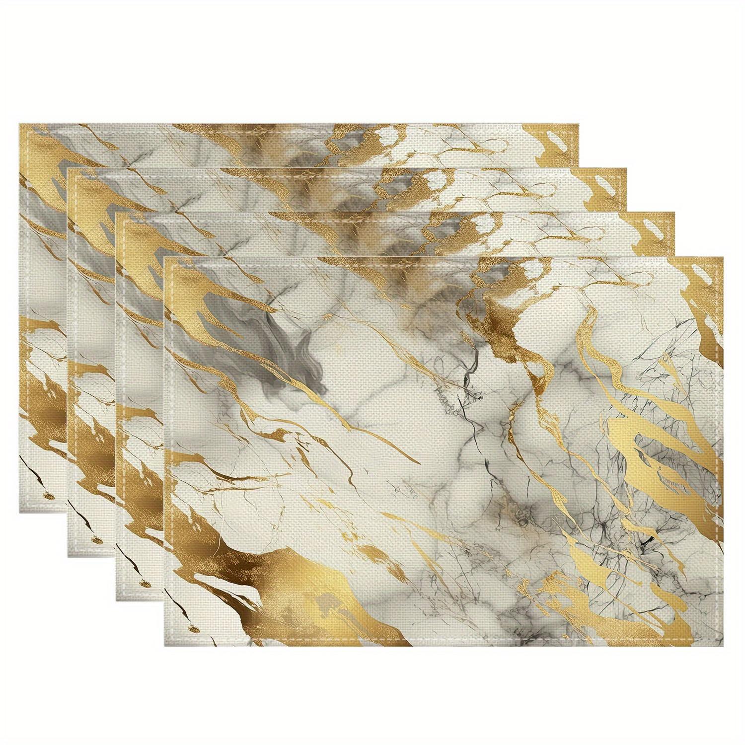 4pcs Golden Marble Placemats – Washable, Non-Slip Polyester Table Mats for Dining Kitchen, Heat Resistant Modern Decor 4PCS