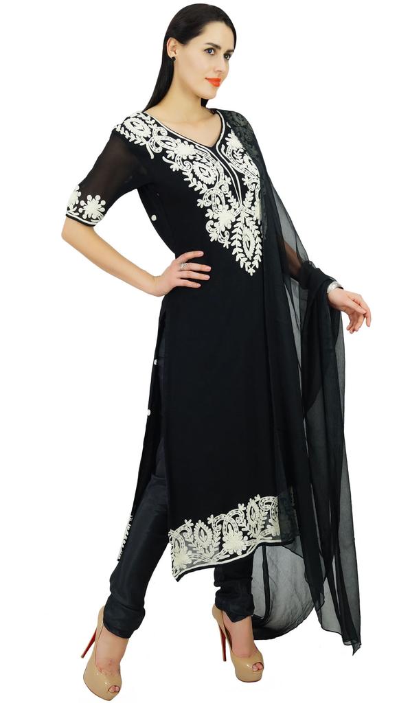 Atasi Womens Straight Black With Dupatta Readymade Salwaar Kameez Suit Set