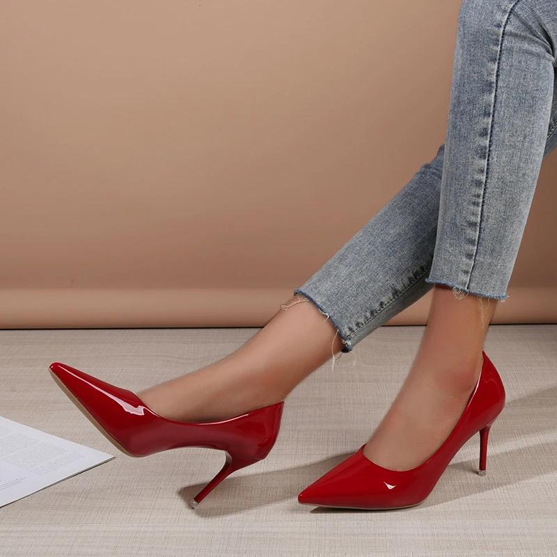 Shoes Woman 2025 Trend New Summer Red Heels Elegant Woman Black Heeled Pointed Toe Pumps Dress Leather White Ladies Shoe