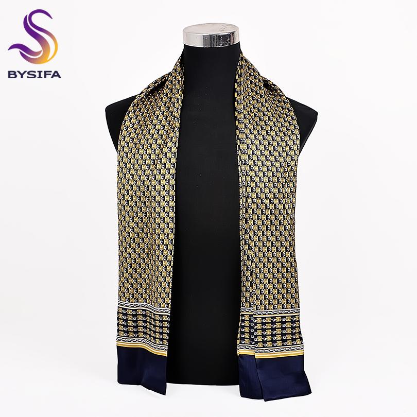 [BYSIFA] Navy Blue Gold Plaid Men Silk Scarves Fashion Accessories Autumn Winter Male Pure Silk Long Scarves Cravat 160*26cm