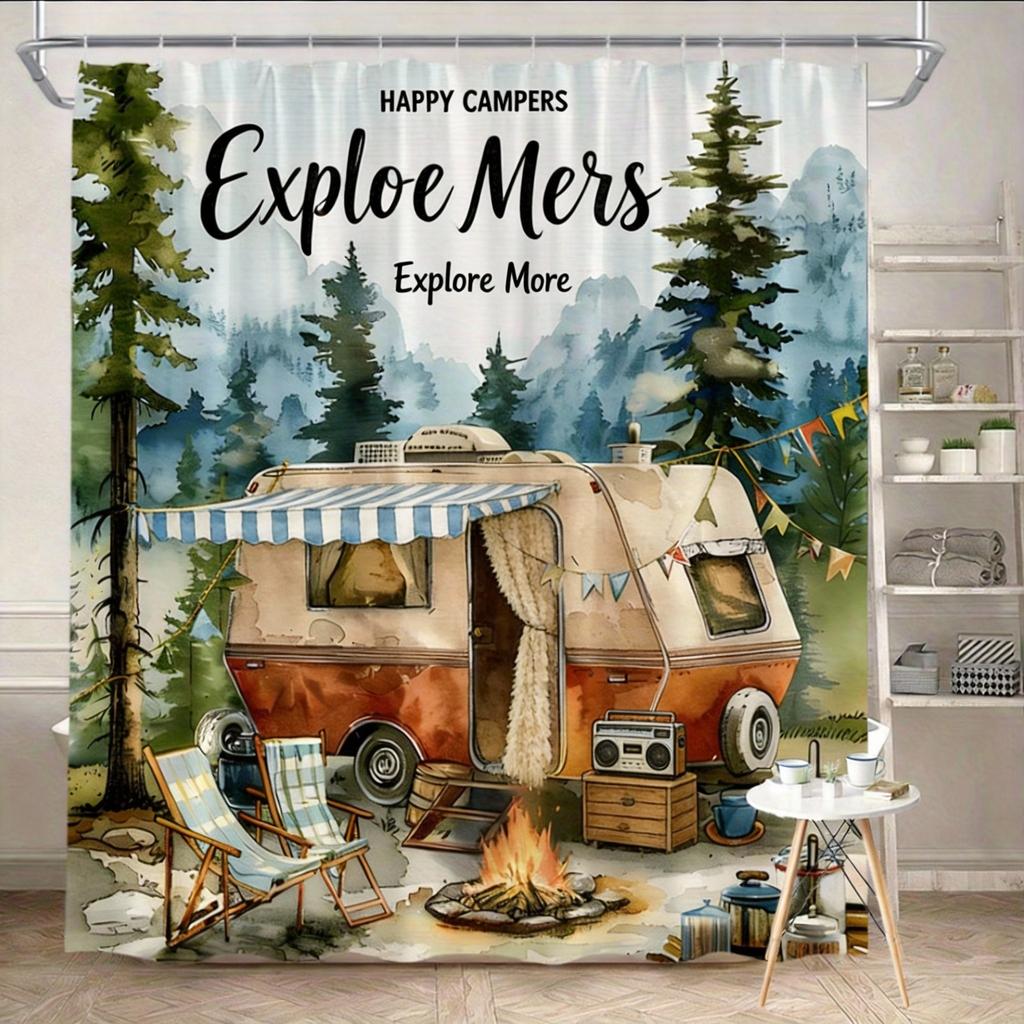 Vintage Camper Shower Curtain 180x180cm – Happy Campers, Machine Washable, 12 Hooks Bath decorative shower curtain