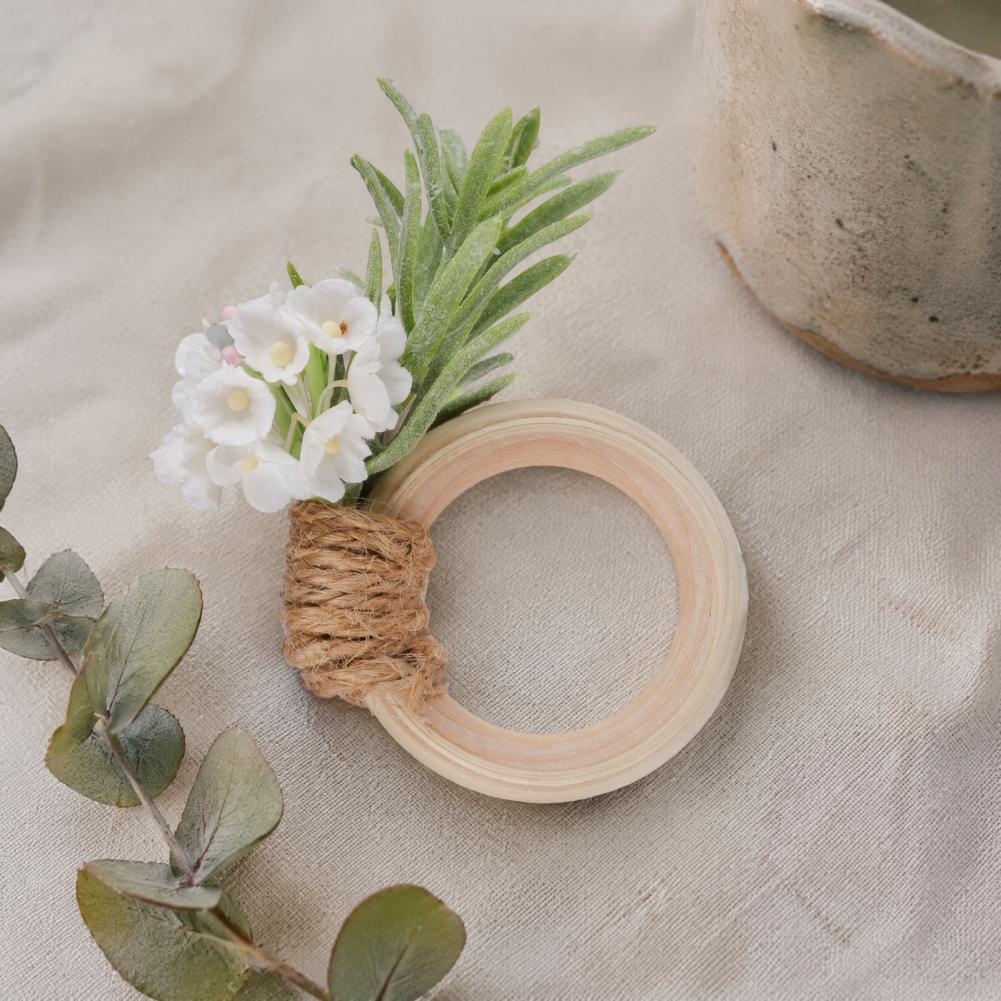 Boho Dining Accessories Artificial Rosemary Napkin Rings Farmhouse Wooden Napkin Holders Rustic Faux Flower Rings for Wedding