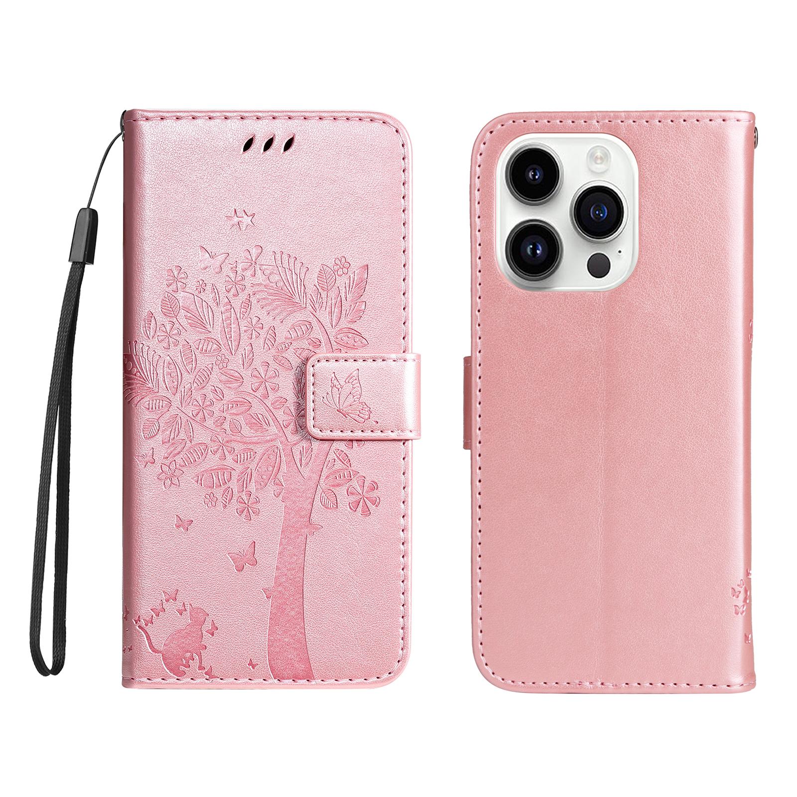 

For iPhone 15 Pro Phone Case with Stand Cat Tree Pattern Leather Wallet Mobile Cover Rose Gold