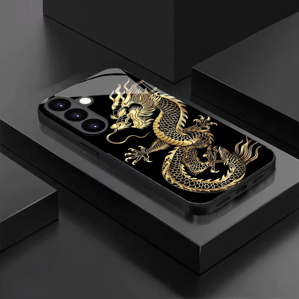 Golden Dragon Design Black Glass Phone Case Suitable for Samsung GalaxyS26 S25 S24 S23 S22 S20FE/Ultra/Plus Anti Drop Back Cover