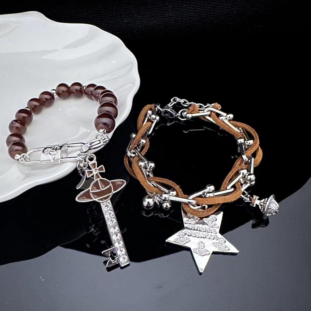 Leather Cool Brown Star Bracelet With Beads Trendy Style Winter 2023