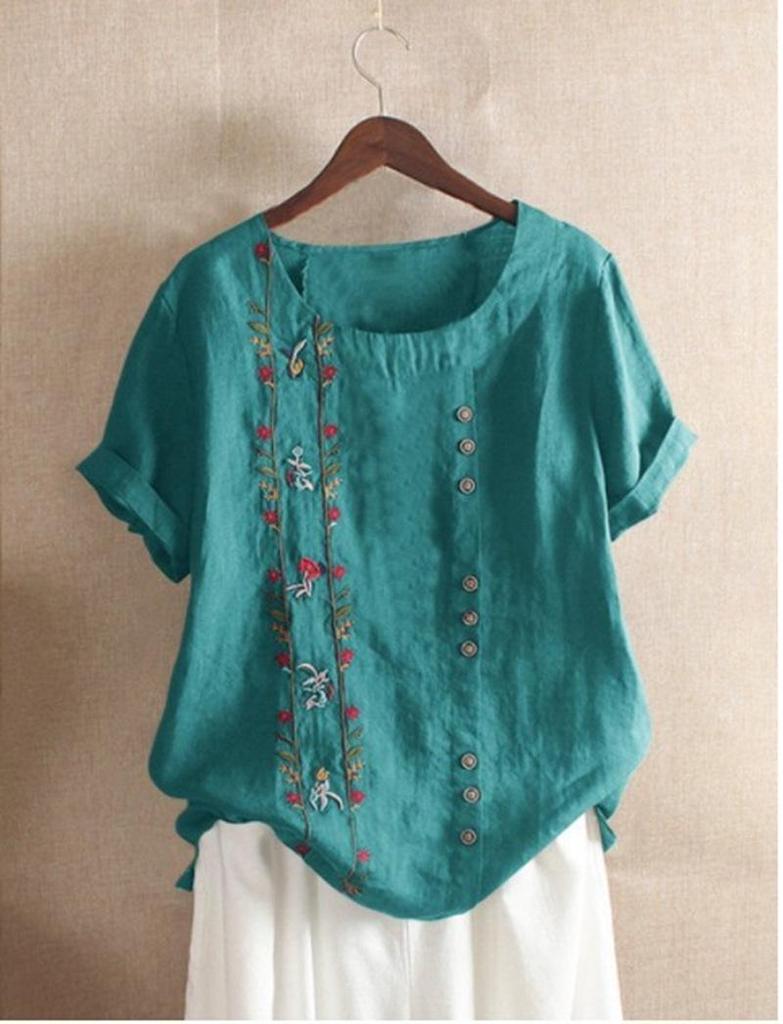 Women's Retro Cotton Linen Embroidered Short Sleeve Casual Shirt, 2022