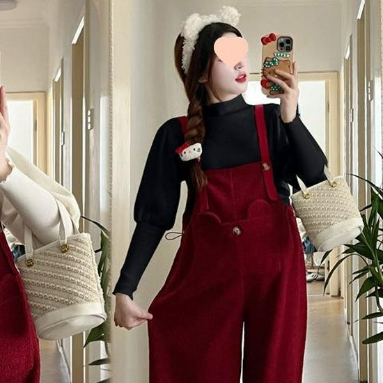 Adjustable Drawstring Maternity Overalls Set with Bubble Sleeve Top for Fall & Winter