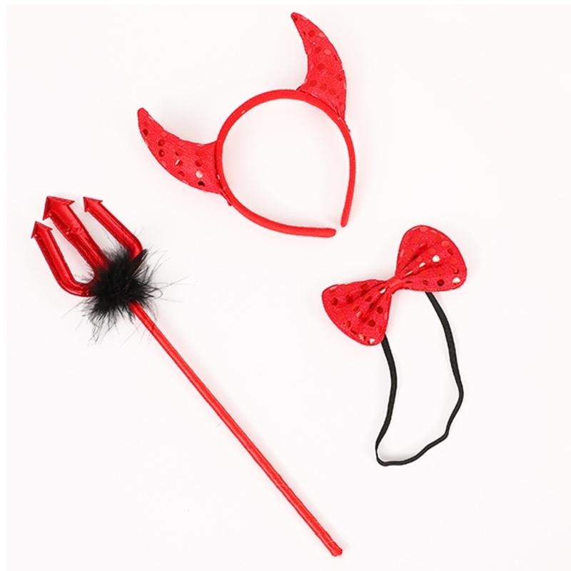 Halloween Devil Costume Kits Including Horn Headband Bowtie Tail Demons Dress Up Outfit Halloween Cosplays Party Props