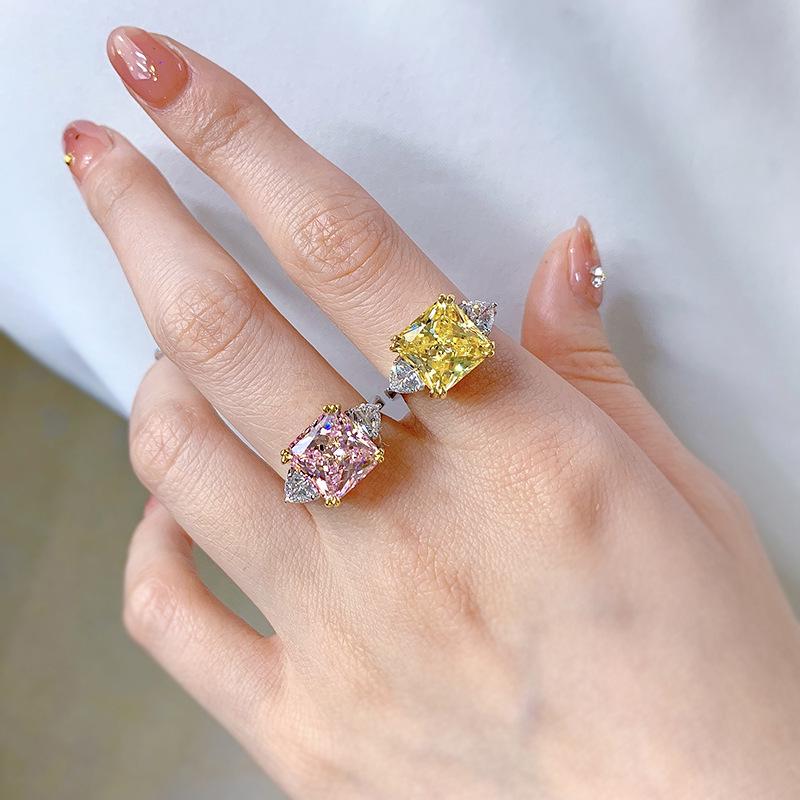 Luoxi Temple S925 Sterling Silver 5 Carat Cushion Cut Yellow Pink Diamond Simulation Ring for Women