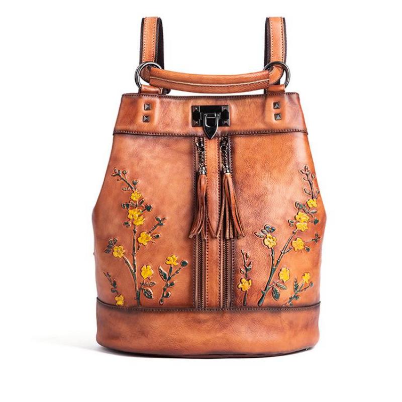 Johnature Vintage Natural Cow Leather Women Backpack Travel Bag Large Capacity Handmade Embossed Female Shoulder Bags