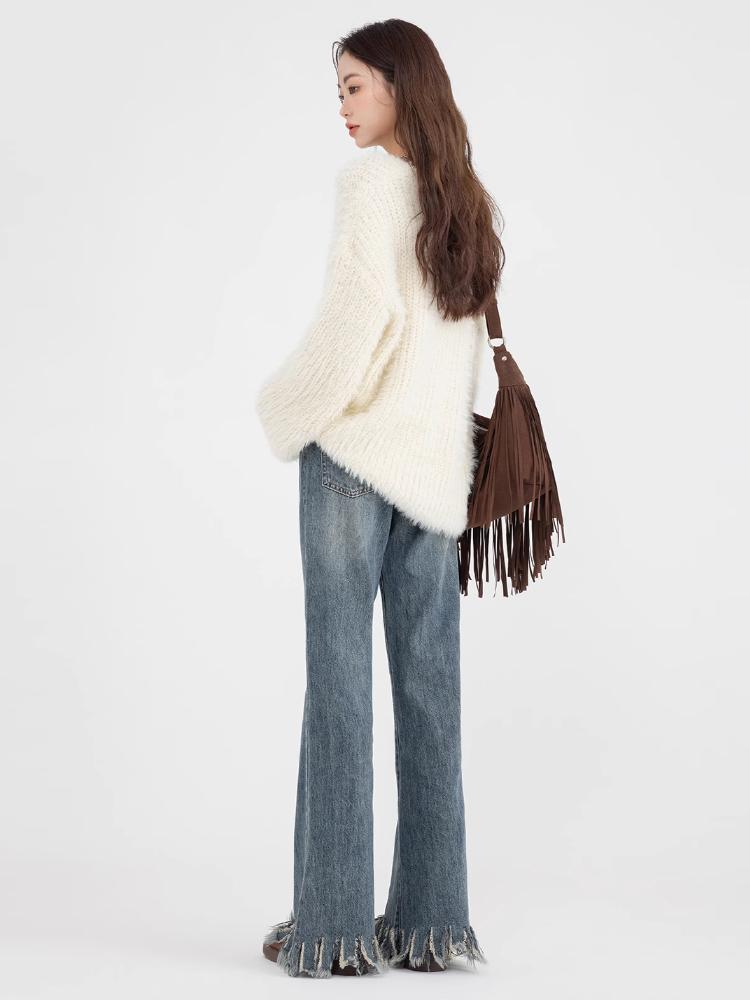 Zimowy sweter z dekoltem w serek dla kobiet Delikatne paski Luźny Słodki Leniwy Styl Pulower Dzianina Irregularny Japoński Styl Moda Dzianinowy Top