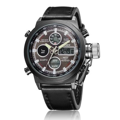 Men's Military-Grade Watch with Analog-Digi Display, Waterproof, LED Lighting, Genuine Leather Strap, Japanese Quartz Movement, Antique Design,