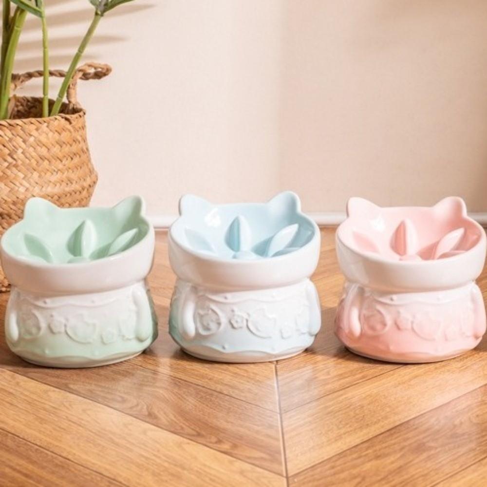 Ceramic Pet Feeder Bowl Anti Tipping Cat High Foot Bowl Cat Slow Food Bowl  for Feeding
