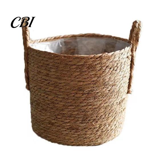 Garden Plant Display Baskets Woven Seagrass Pot with Handle, Built-in Plastic Film Lining Sustainable Straw Planters Storage Basket, Natural