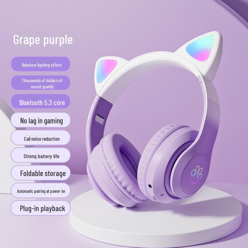 STN28PRO Cat Ear Wireless Bluetooth Headset - Gradient Color, Luminous, Foldable, Head-Mounted Gaming Headphones