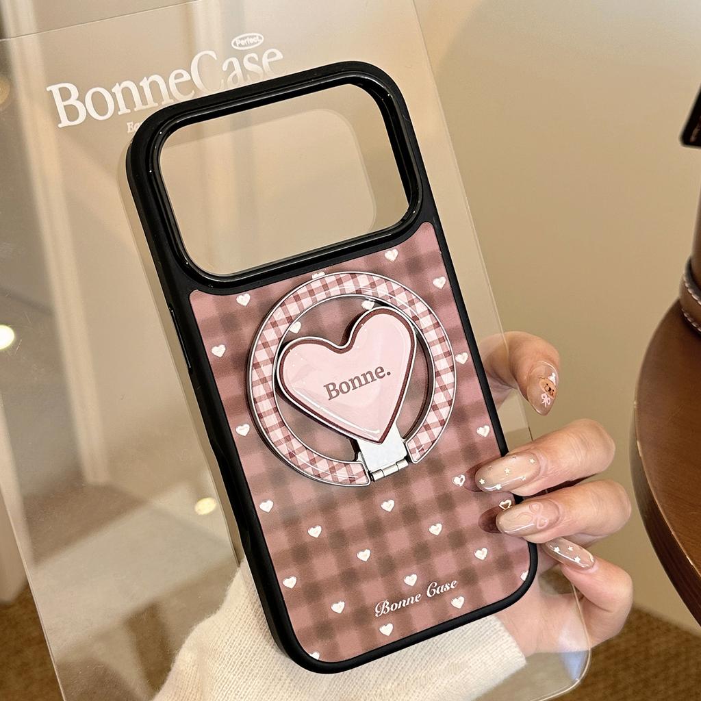 Retro plaid gold-plated iPhone 17 Pro Max Apple 16 phone case 13 magnetic heart-shaped stand 15 compatible with 14