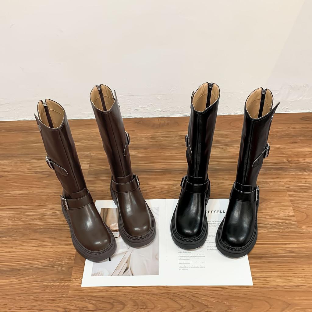 Soft leather mid-height boots Western cowboy boots Women's belt buckle Korean version retro knight boots Brown boots over the knee