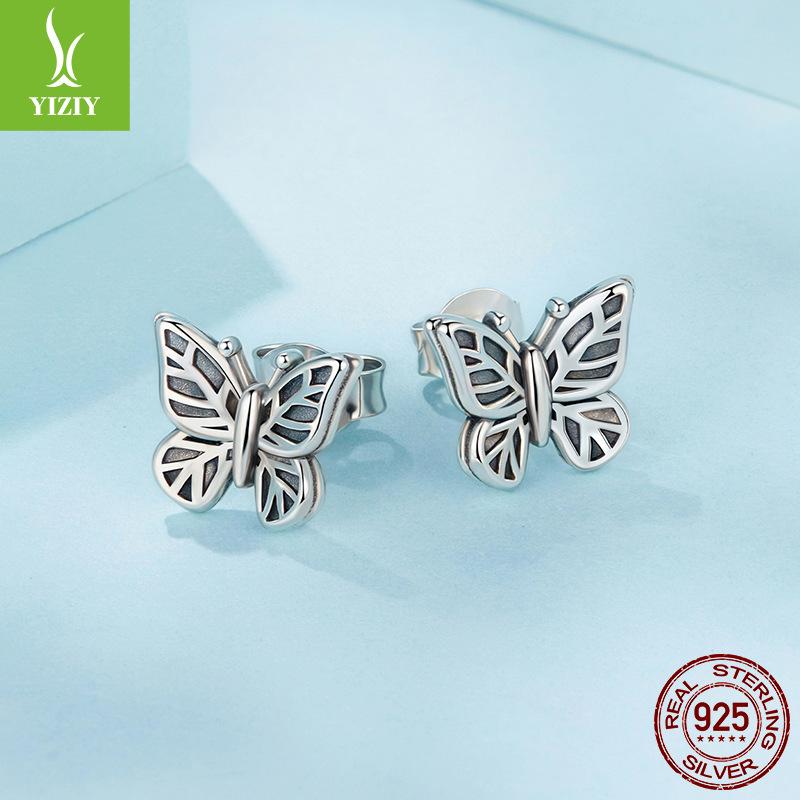 S925 Sterling Silver Retro Butterfly Stud Earrings Women'S Niche Versatile Butterfly Plain Silver Stud Earrings