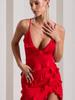 Backless Strapless Maxi Dress Women Summer V Neck Ruffles Side Slit Bodycon Party Dresses Black Red Evening Robes